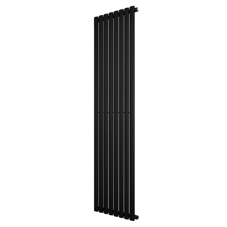 Ovale zwarte designradiator met één kolom, 1800 mm hoog en 480 mm breed, met een strakke, moderne uitstraling en gladde afwerking