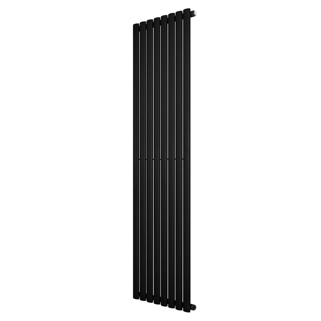 Ovale zwarte designradiator met één kolom, 1800 mm hoog en 480 mm breed, met een strakke, moderne uitstraling en gladde afwerking