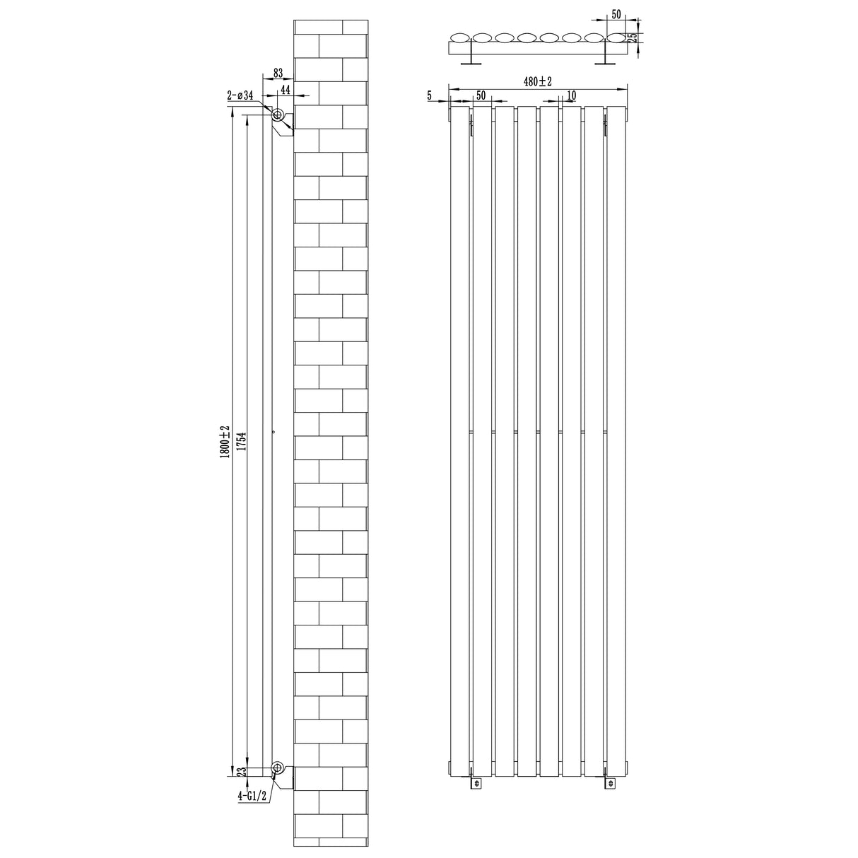 Ovale design radiator in zwart, 1 kolom, afmetingen 1800 mm x 480 mm, met strakke lijnen en moderne uitstraling voor elke ruimte