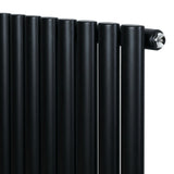 Ovale zwarte designradiator met één kolom, 1800 mm x 600 mm, met een gladde afwerking en ronde buizen voor moderne interieurs