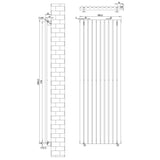 Zwart ovale design radiator met één kolom, afmetingen 1800 mm x 600 mm, met een strakke, moderne uitstraling en verticale lijnen