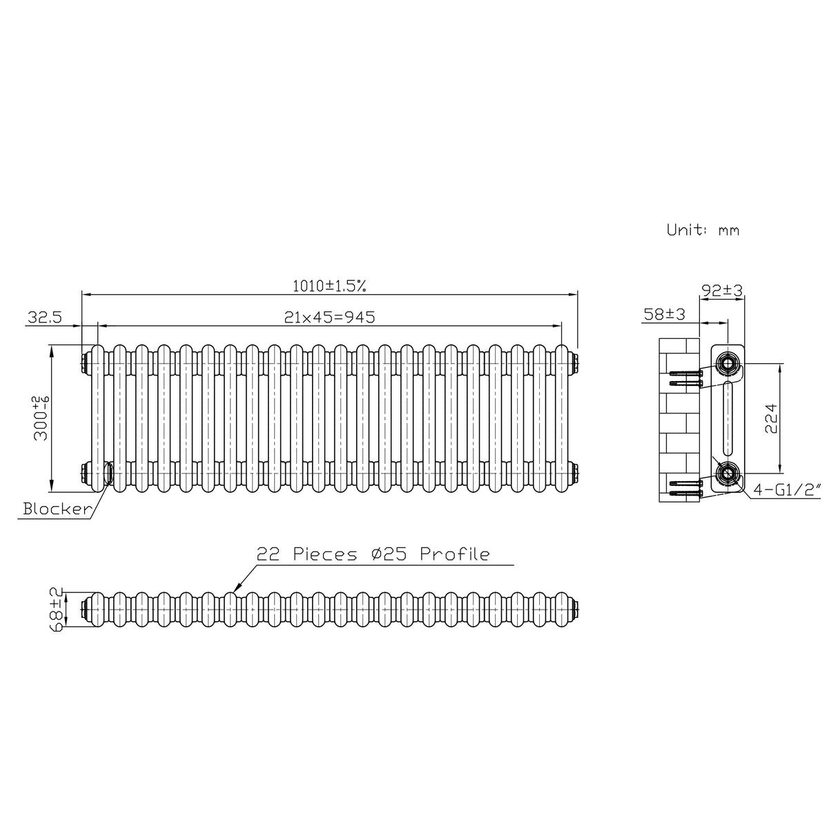 Traditionele Radiator - 2-Kolom - 300 x 1010 mm - Ruw Metaal