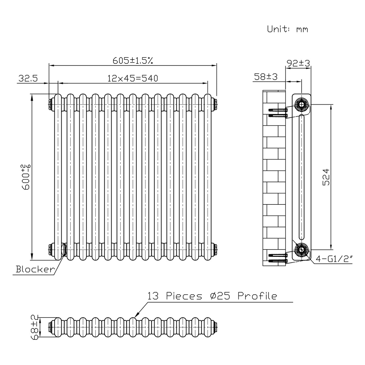 Traditionele Radiator - 2-Kolom - 600 x 605 mm - Ruw Metaal