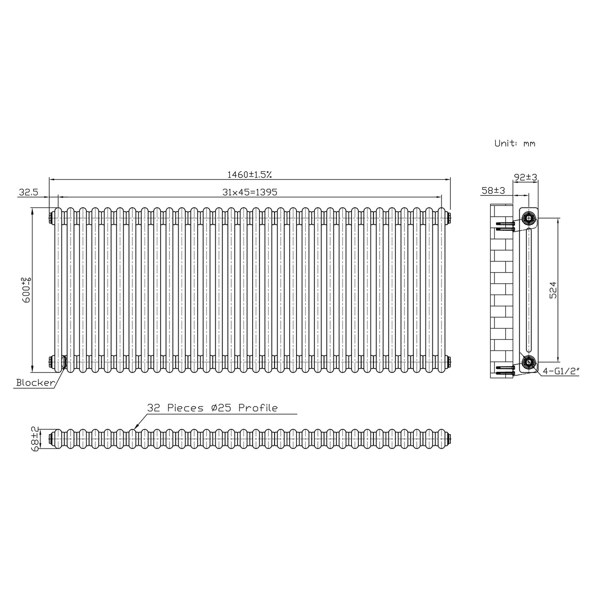Traditionele Radiator - 2-Kolom - 600 x 1460 mm - Ruw Metaal