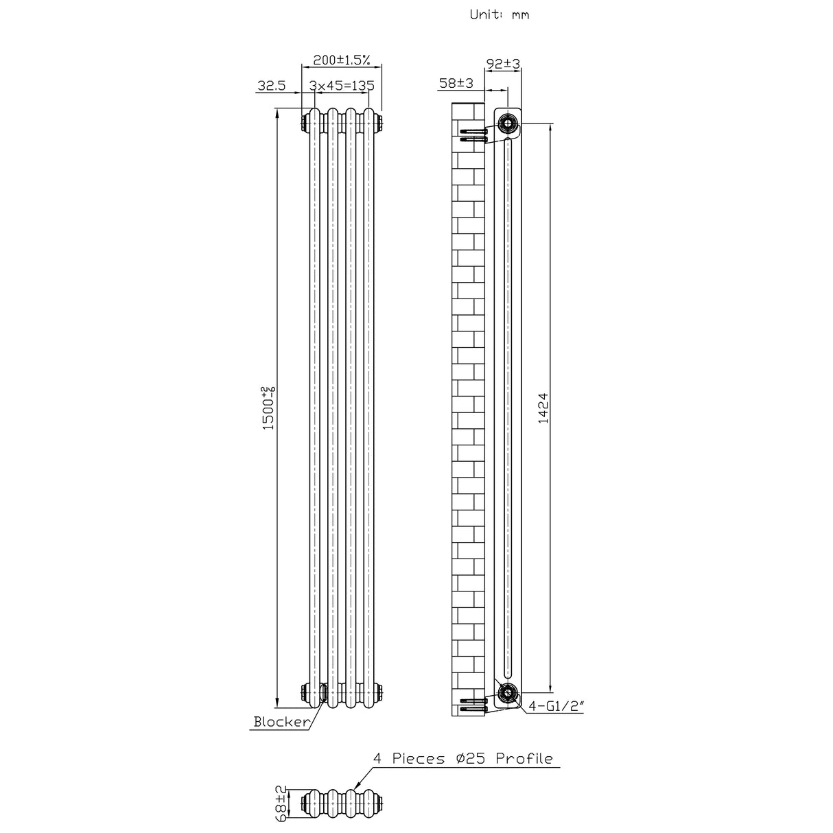 Traditionele Radiator - 2-Kolom - 1500 x 200 mm - Ruw Metaal