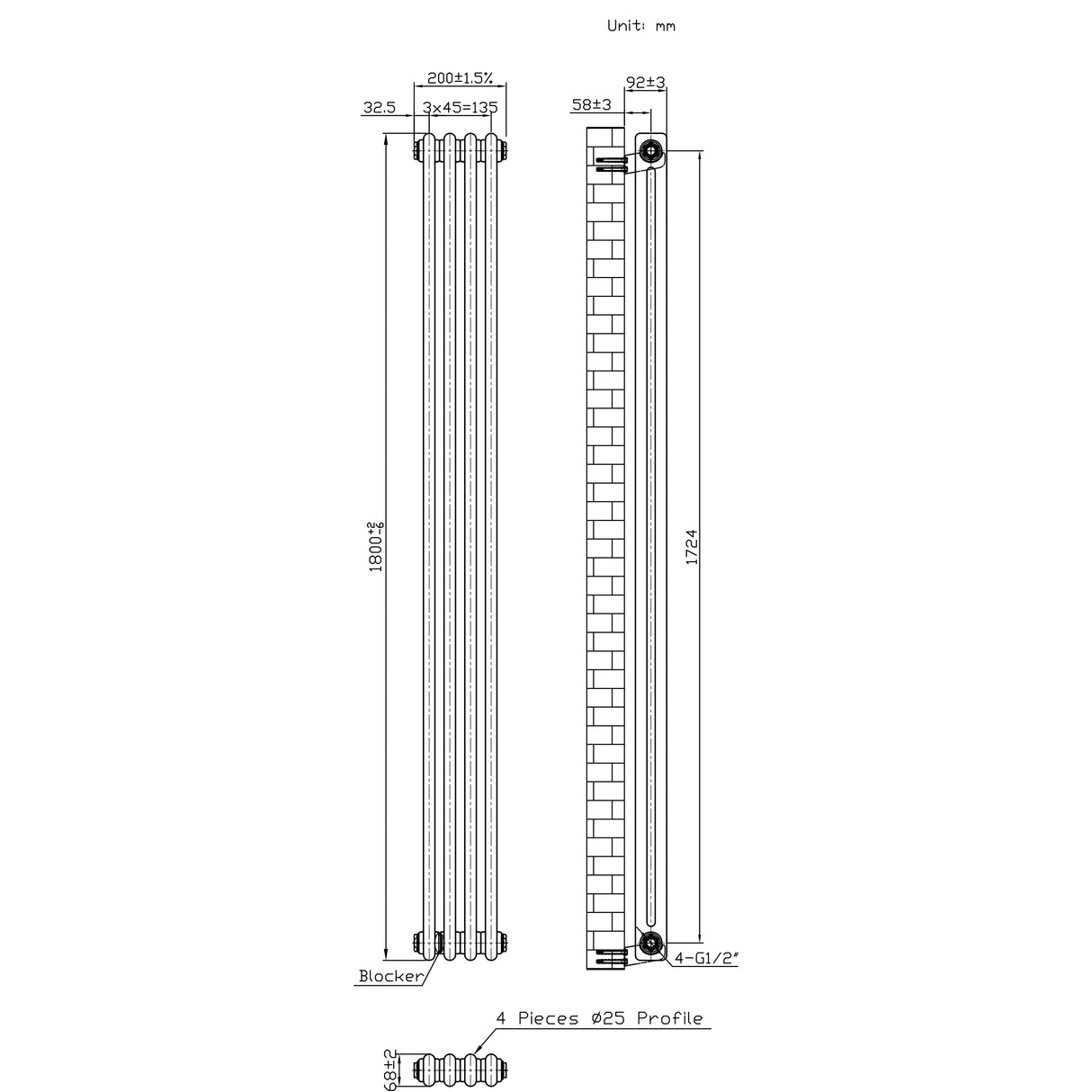 Traditionele Radiator - 2-Kolom - 1800 x 200 mm - Ruw Metaal