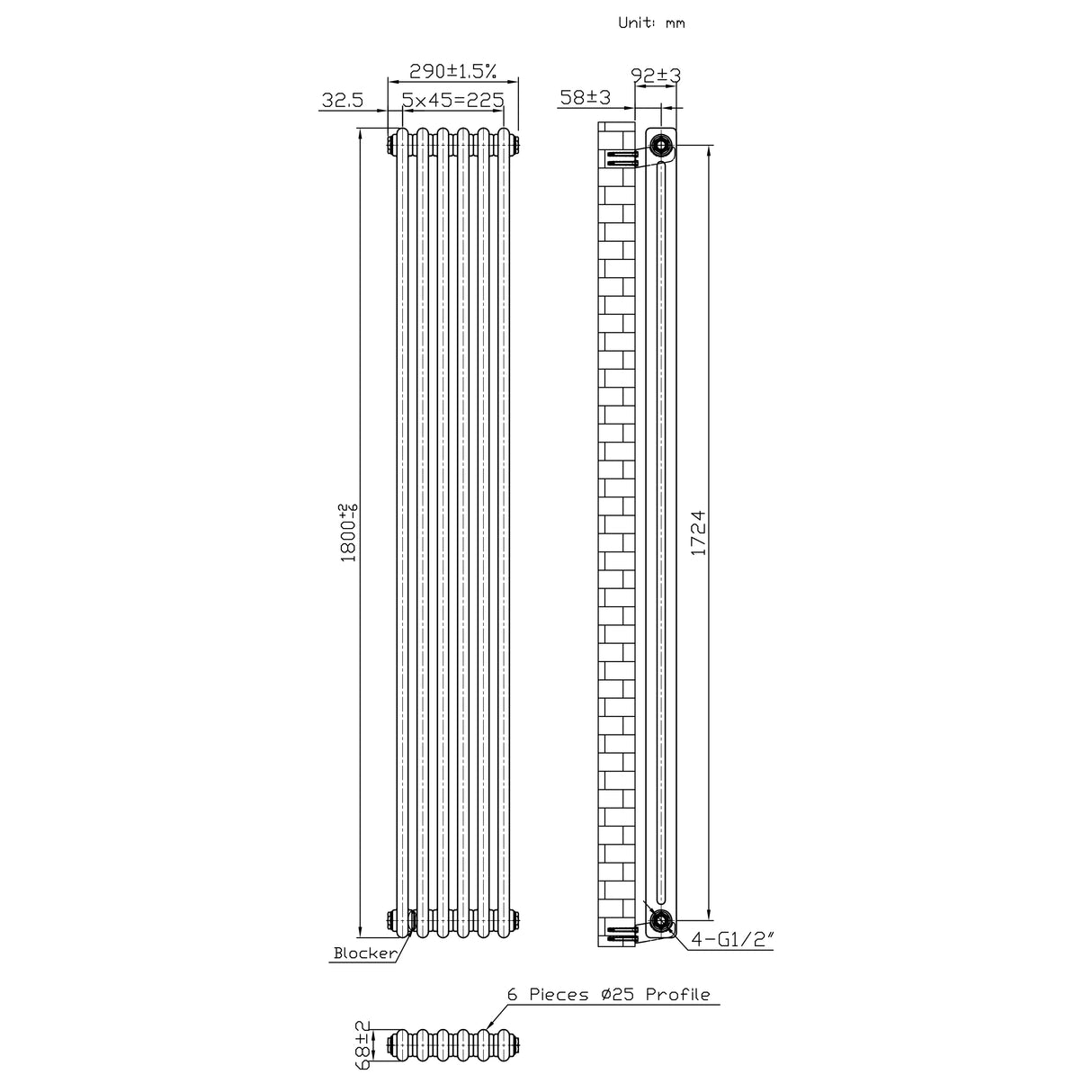 Traditionele Radiator - 2-Kolom - 1800 x 290 mm - Ruw Metaal