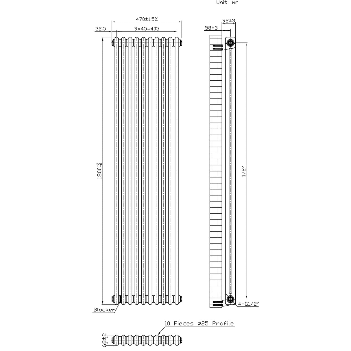 Traditionele Radiator - 2-Kolom - 1800 x 470 mm - Ruw Metaal