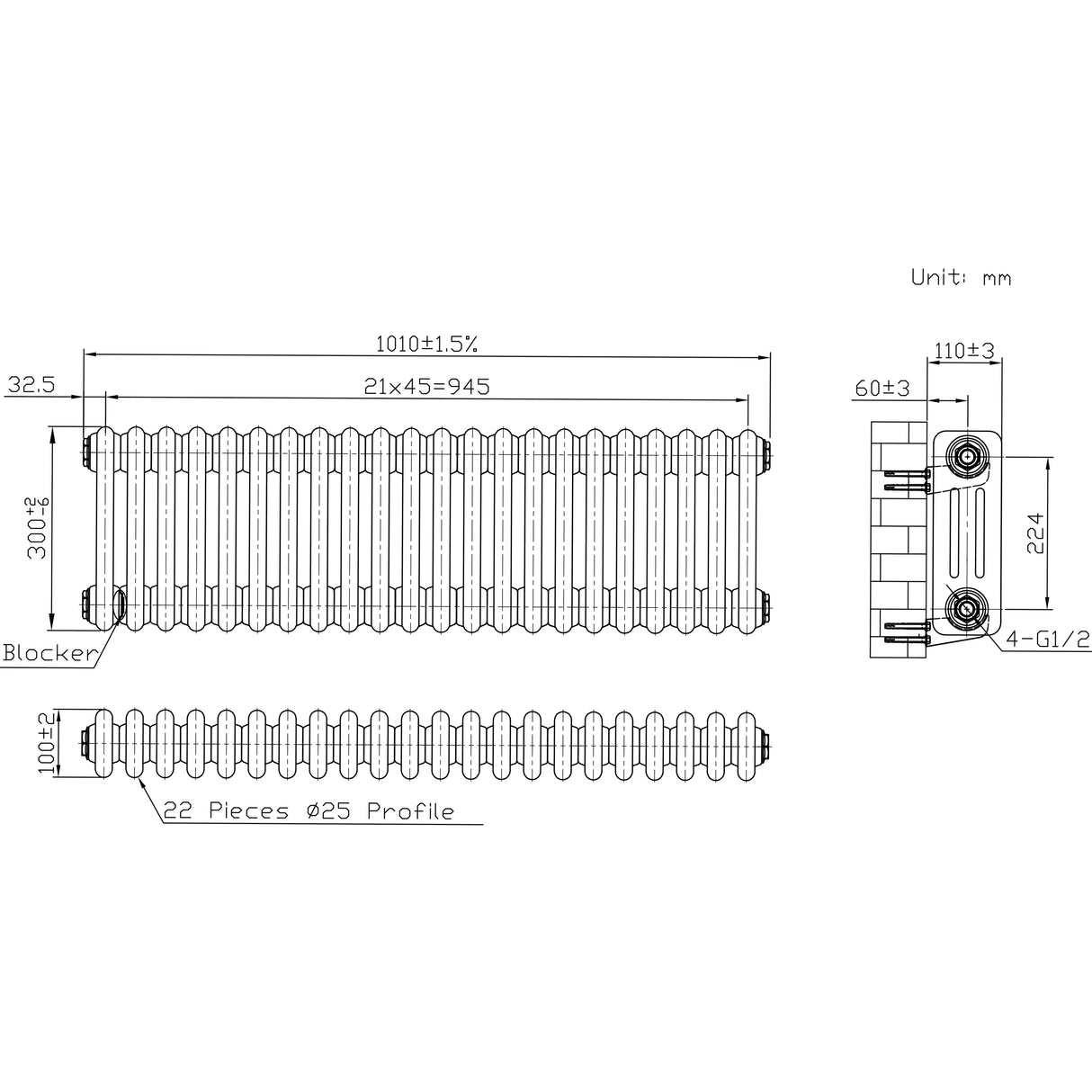 Traditionele Radiator - 3-Kolom - 300 x 830 mm - Ruw Metaal