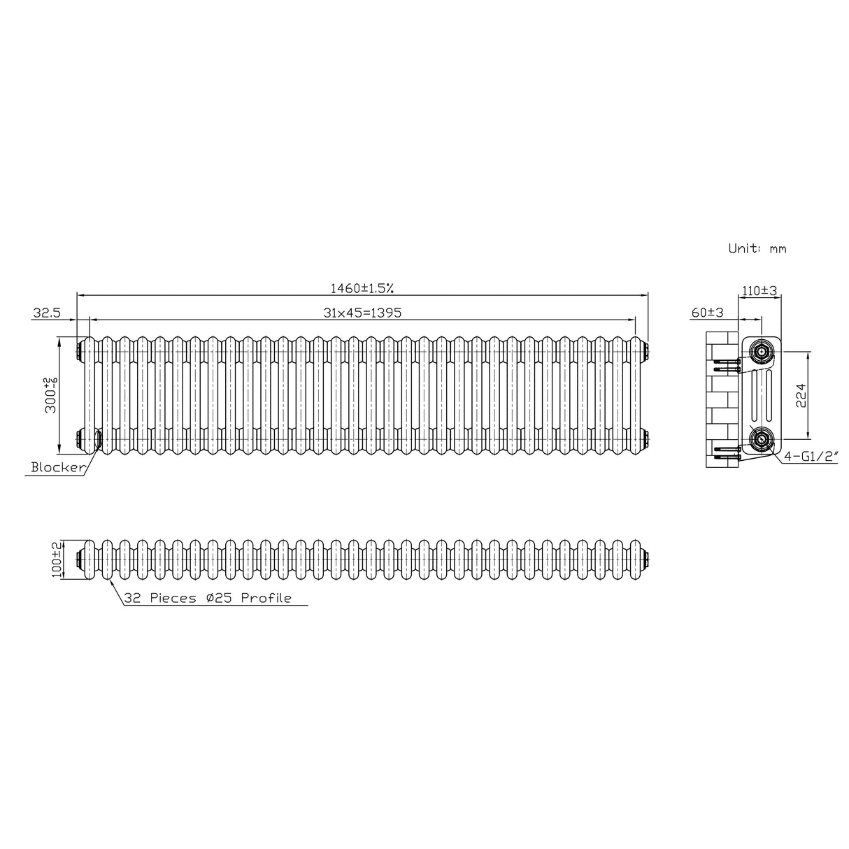 Traditionele Radiator - 3-Kolom - 300 x 1460 mm - Ruw Metaal