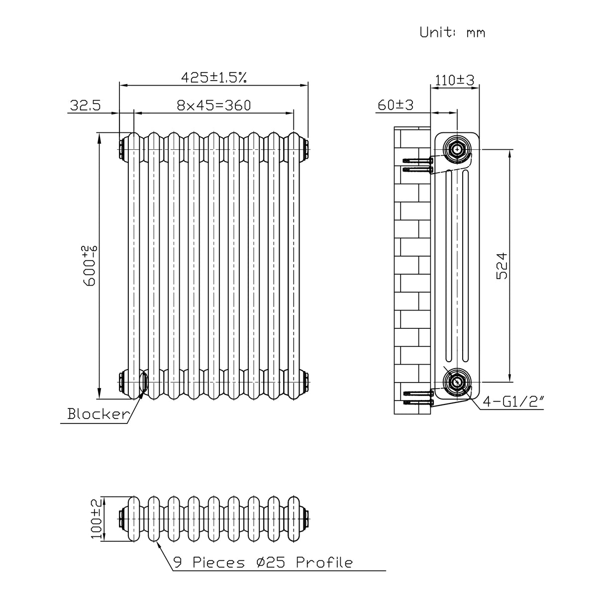 Traditionele Radiator - 3-Kolom - 600 x 425 mm - Ruw Metaal