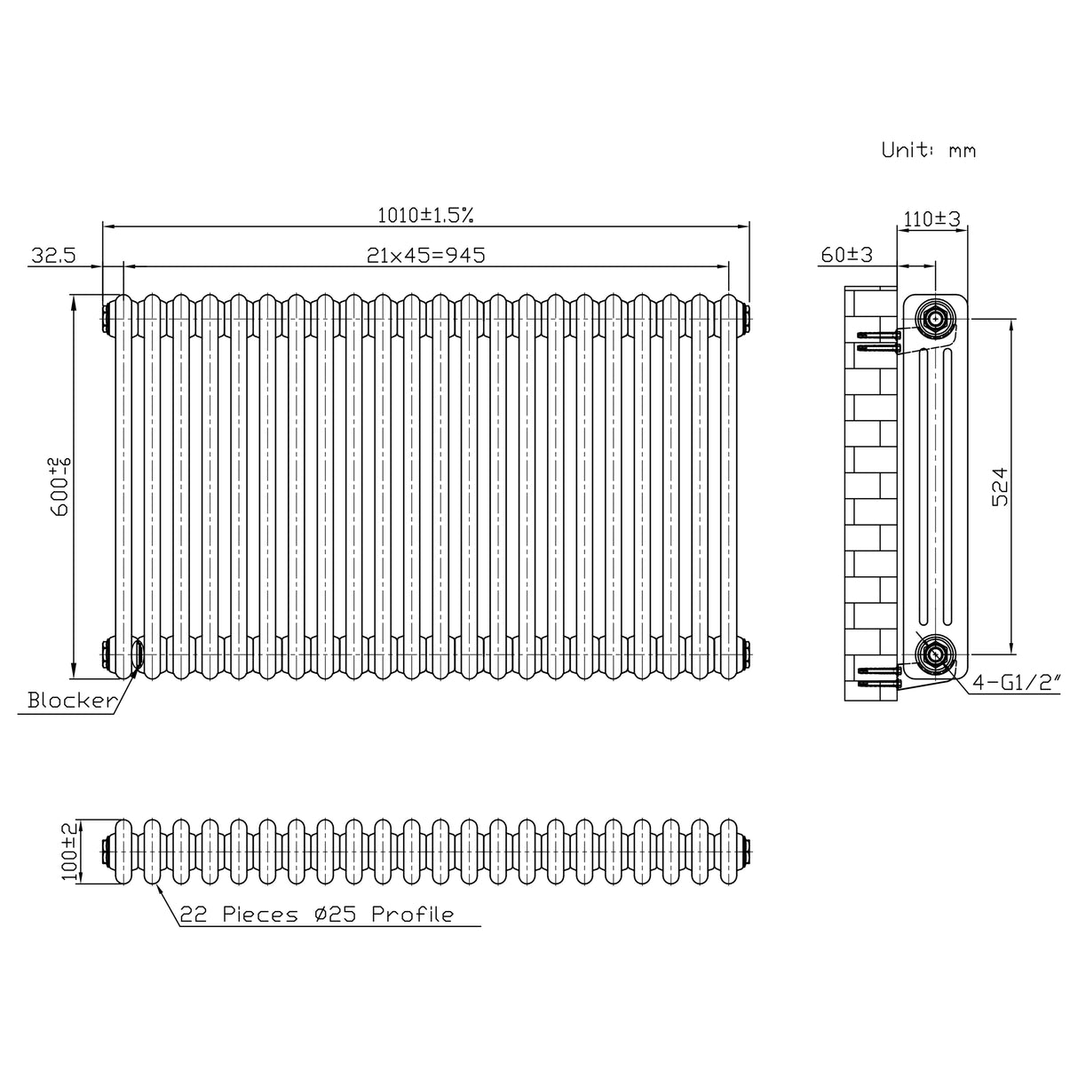 Traditionele Radiator - 3-Kolom - 600 x 1010 mm - Ruw Metaal