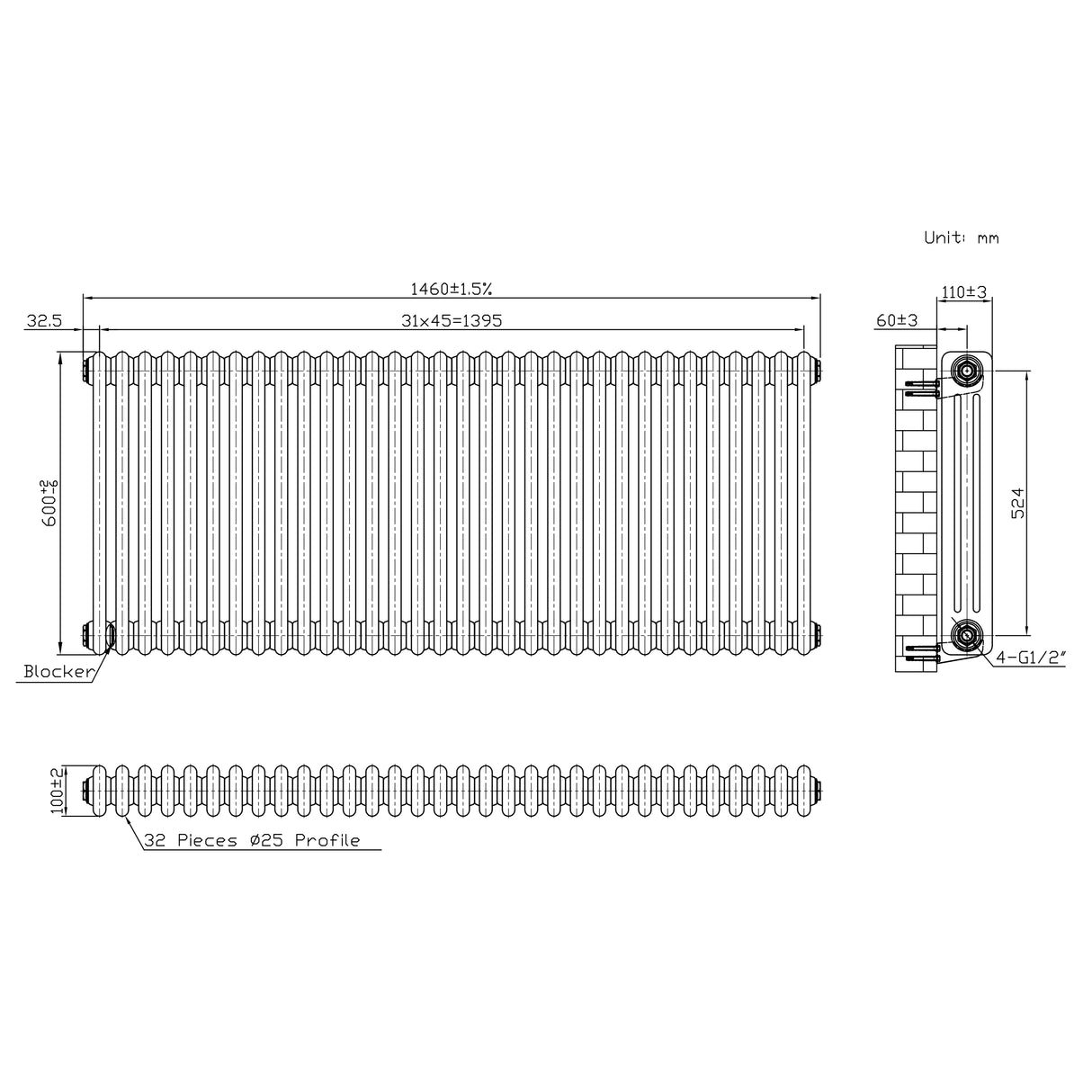 Traditionele Radiator - 3-Kolom - 600 x 1460 mm - Ruw Metaal