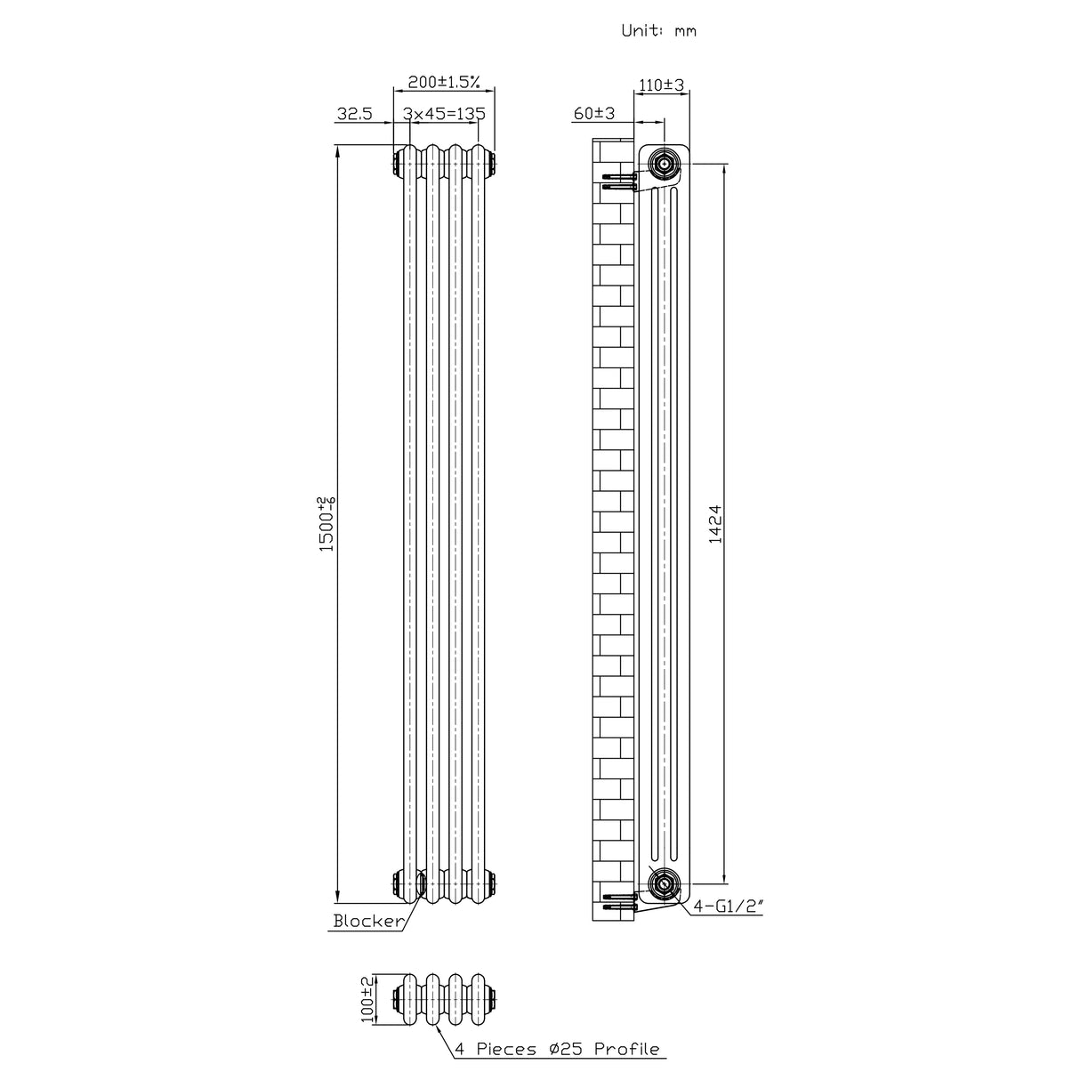 Traditionele Radiator - 3-Kolom - 1500 x 200 mm - Ruw Metaal
