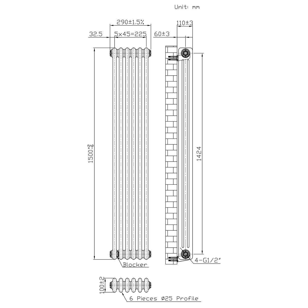 Traditionele Radiator - 3-Kolom - 1500 x 290 mm - Ruw Metaal