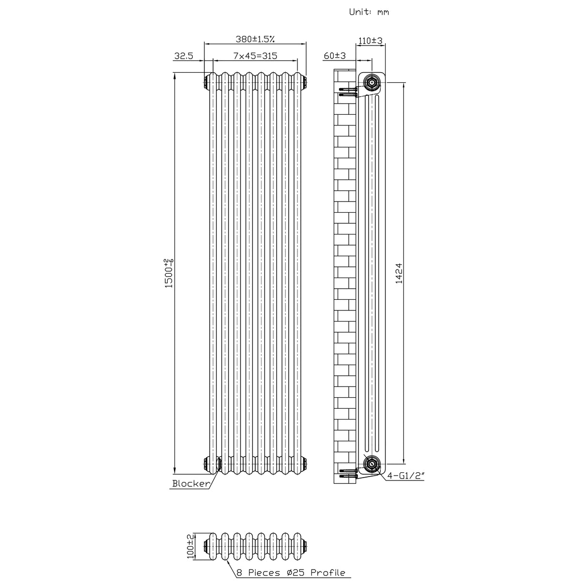 Traditionele Radiator - 3-Kolom - 1500 x 380 mm - Ruw Metaal
