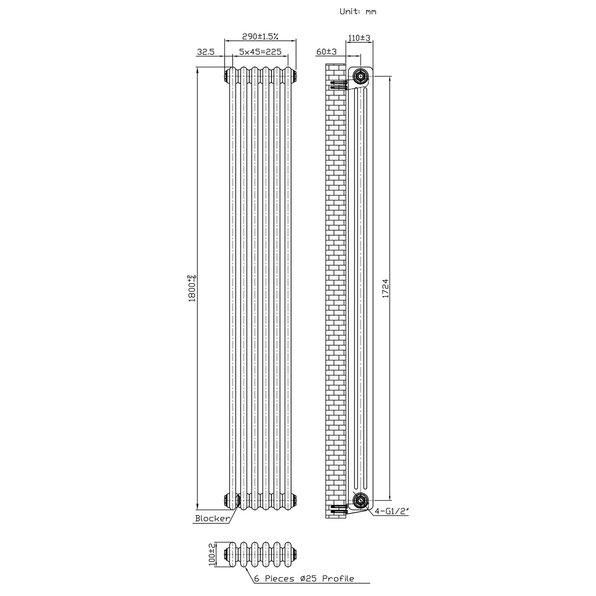 Traditionele Radiator - 3-Kolom - 1800 x 290 mm - Ruw Metaal