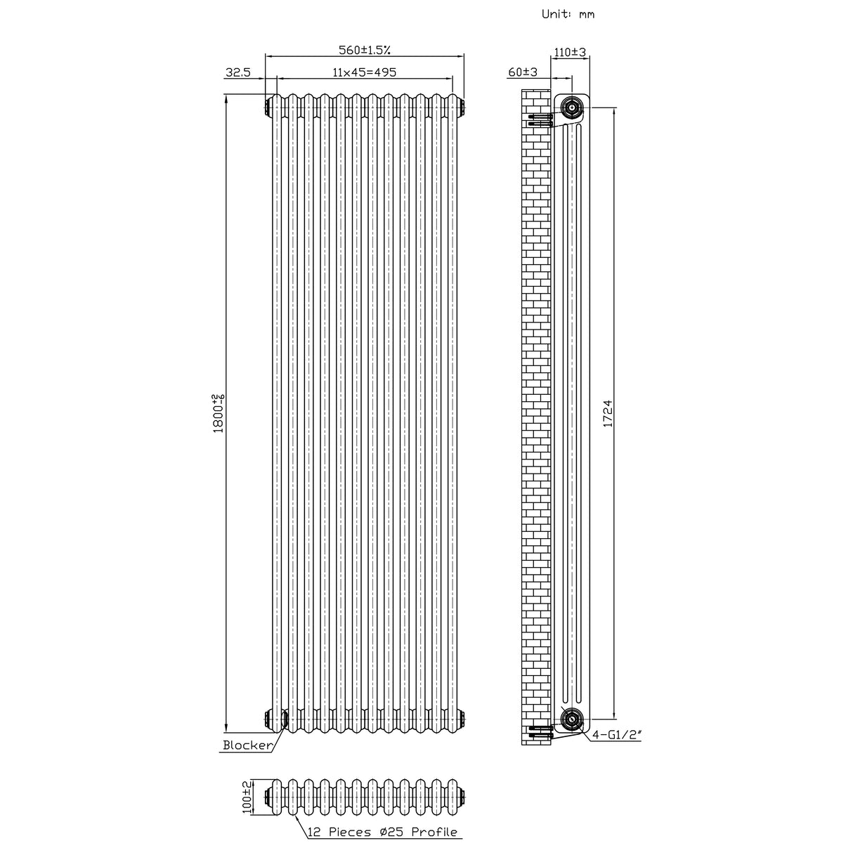 Traditionele Radiator - 3-Kolom - 1800 x 560 mm - Ruw Metaal