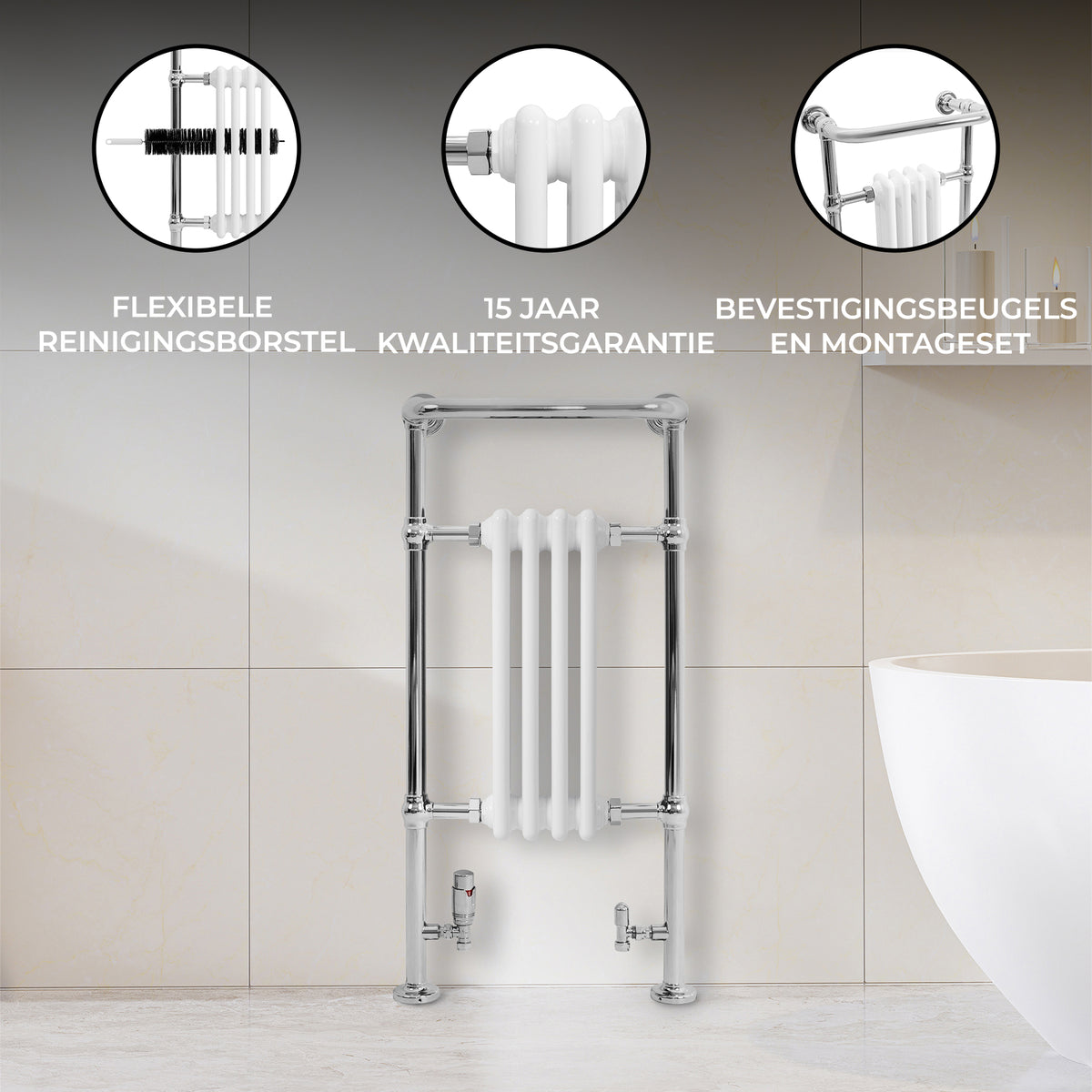 Klassieke witte radiator met verwarmd handdoekrek, 950 mm x 480 mm, glanzende chromen details en moderne, strakke lijnen