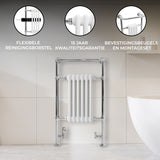 Klassieke witte radiator met verwarmde handdoekrek, metalen buizen, strakke lijnen en moderne afwerking in een stijlvolle badkameromgeving