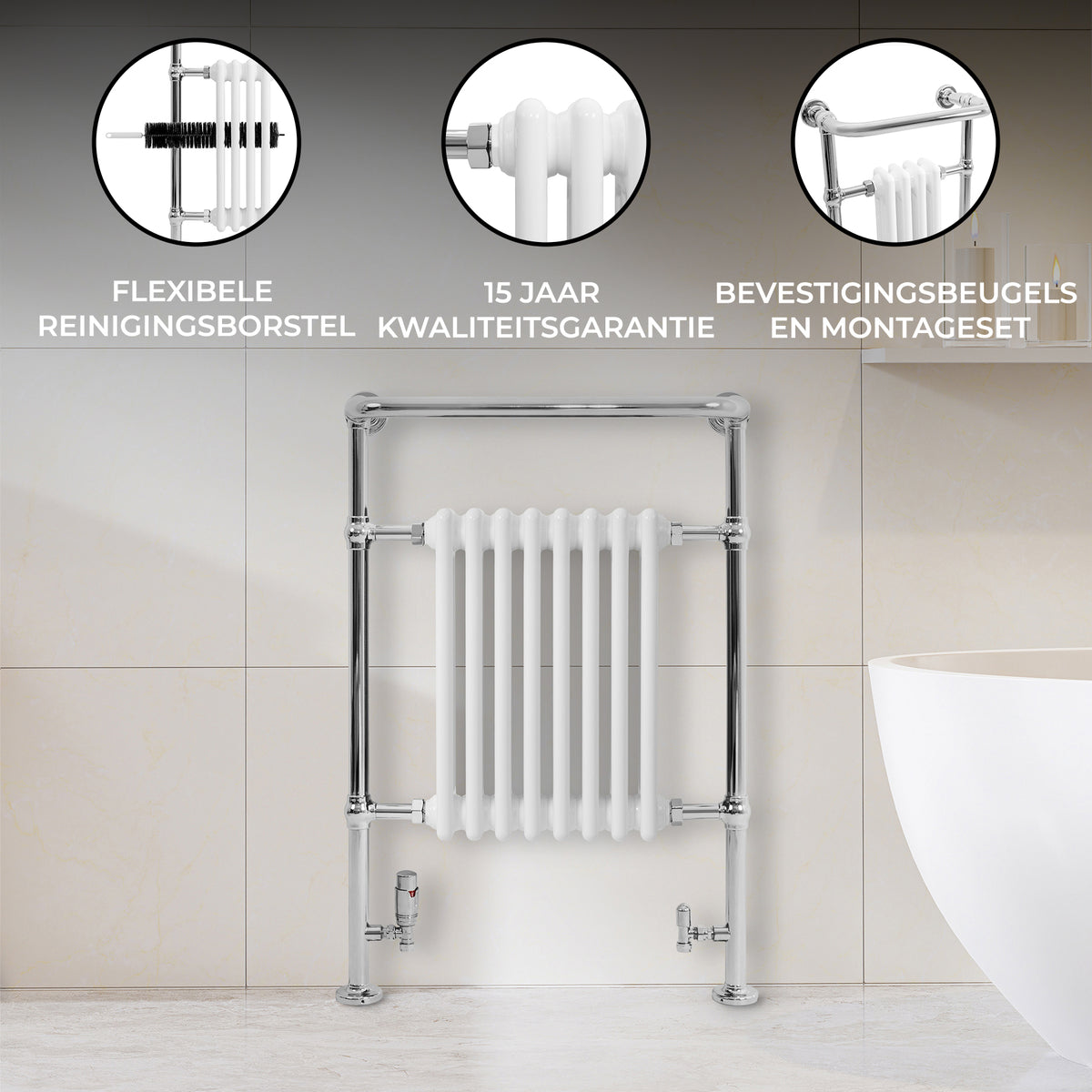 Witte klassieke radiator met verwarmde handdoekrek, 950 mm x 660 mm, glanzend chroom, strakke lijnen en moderne uitstraling