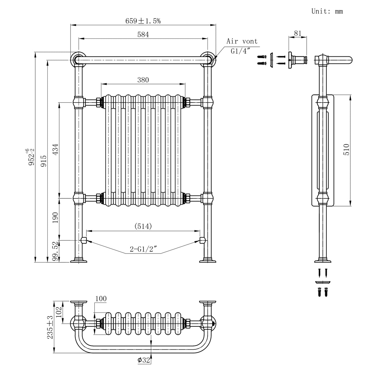 Klassieke Radiator met Verwarmde Handdoekrek - 950 mm x 660 mm - Antraciet Grijs