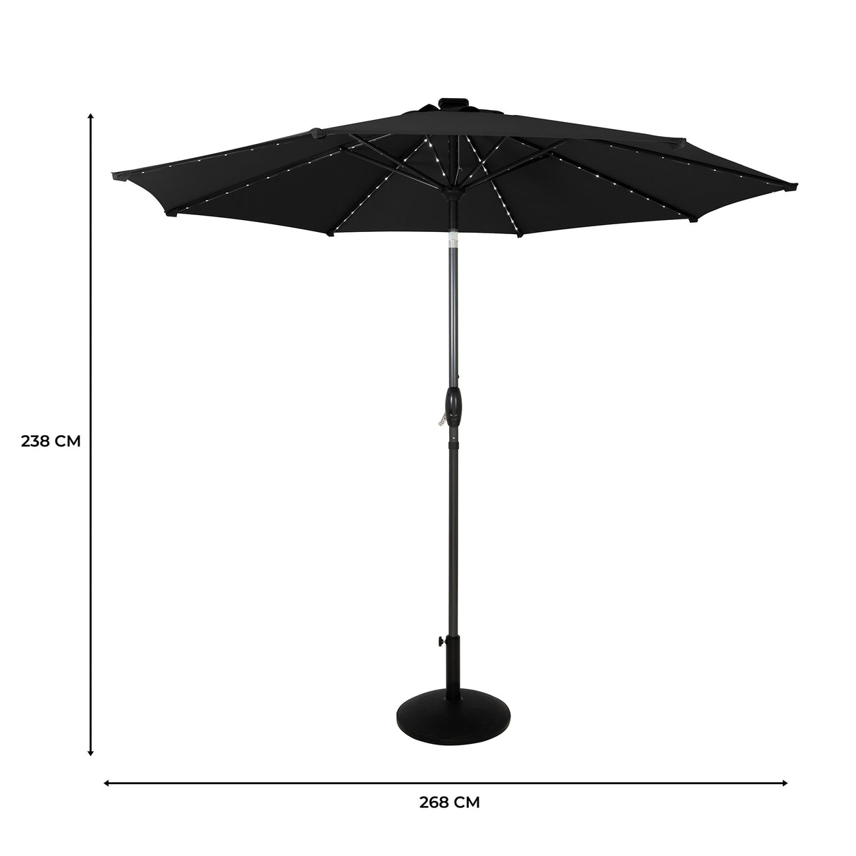 LED Kantelbare Stokparasol 2.7 m met Parasolvoet - Zwart