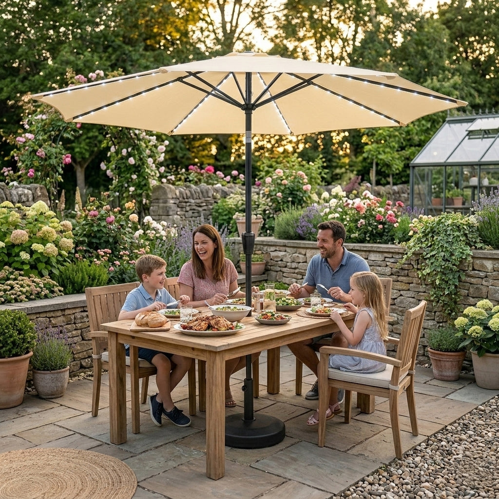 LED Kantelbare Stokparasol 2.7 m met Parasolvoet - Crème