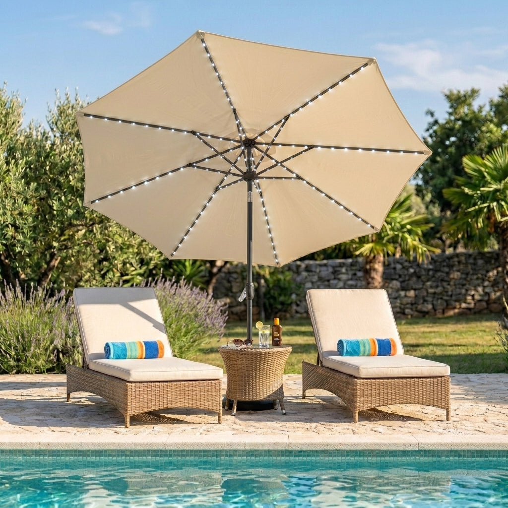 LED Kantelbare Stokparasol 2.7 m met Parasolvoet - Crème