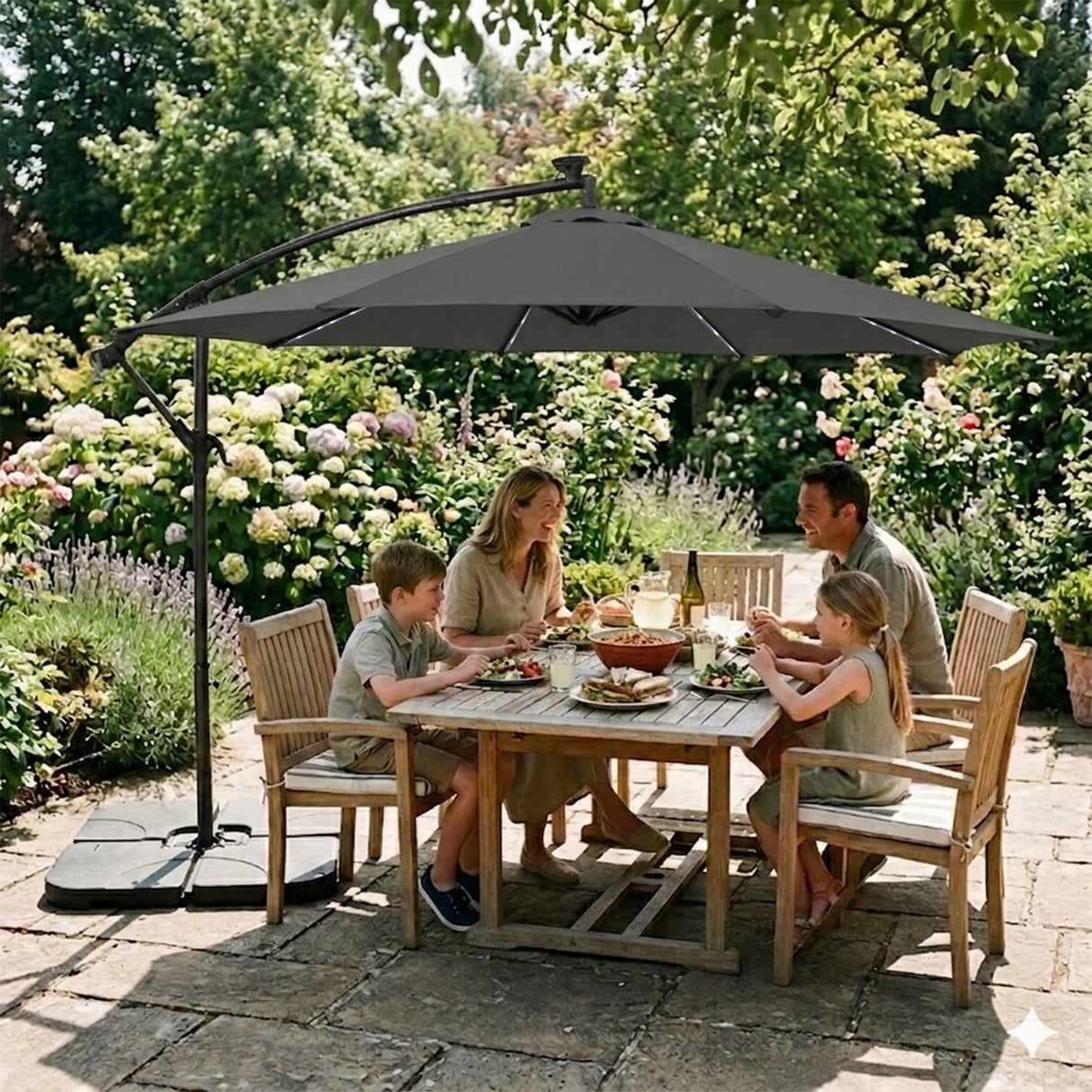 LED Zweefparasol 3 m met Vierkante Parasolvoet - Grijs