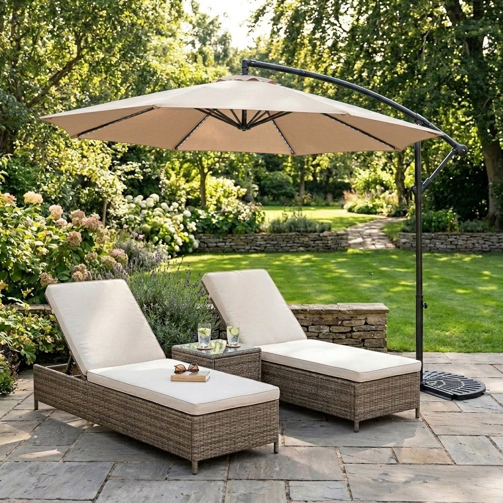 LED Zweefparasol 3 m met Halfrond 2-Delige Parasolvoet - Beige