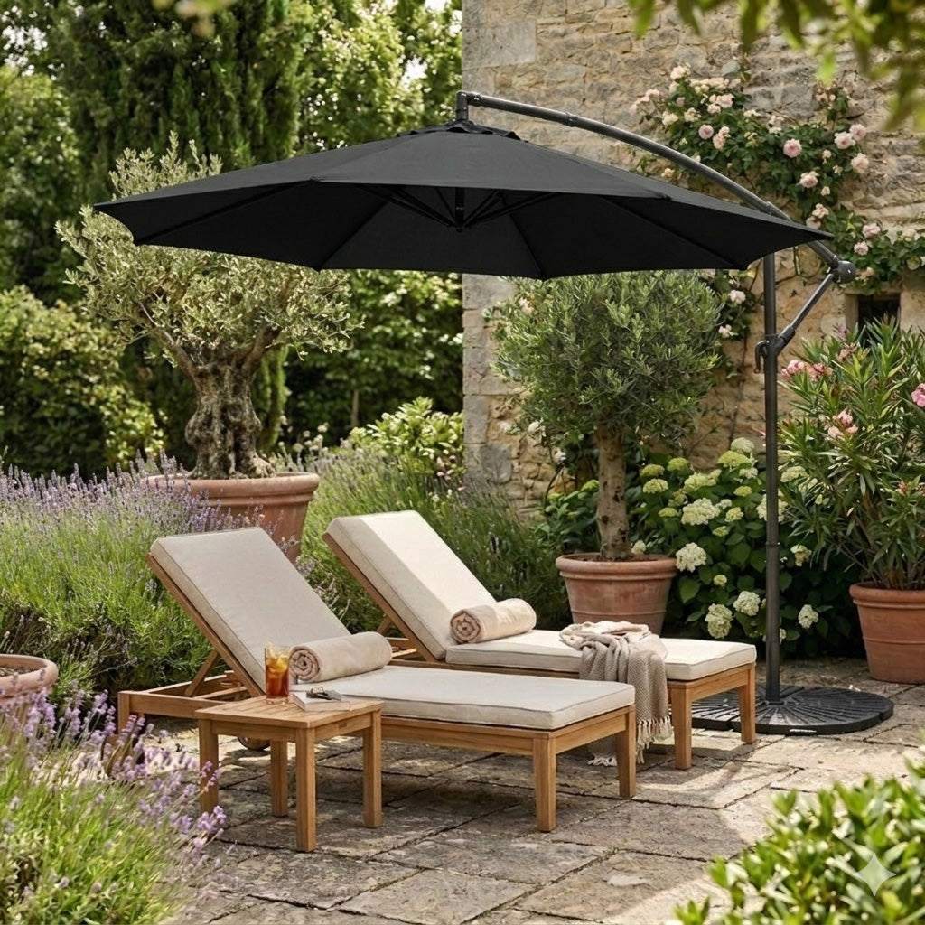 Zweefparasol 3 m met Rond 4-Delige Parasolvoet - Zwart