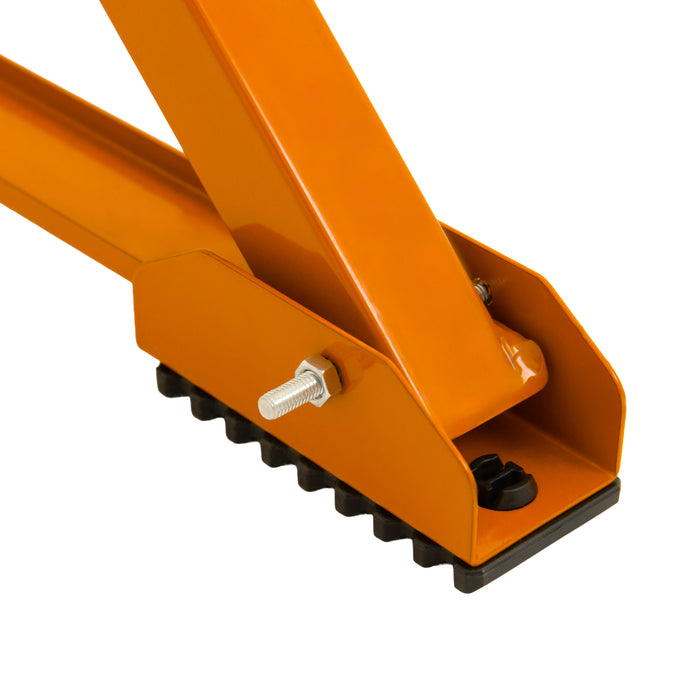 Heldere oranje metalen steun met een ribbelige basis en een schroefbevestiging, ideaal voor stabiliteit en duurzaamheid