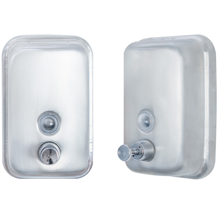 Glanzend, rechthoekig, metalen zeepdispenser met een transparante drukknop en sensor voor contactloze bediening
