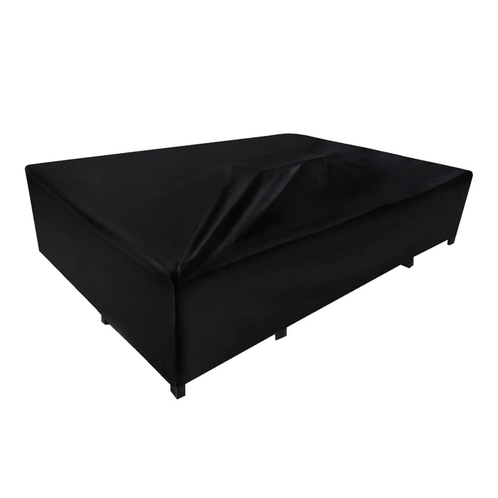 Zwarte beschermhoes voor een bed, gemaakt van waterdicht materiaal, met een gladde textuur en stevige pasvorm, ideaal voor buitengebruik