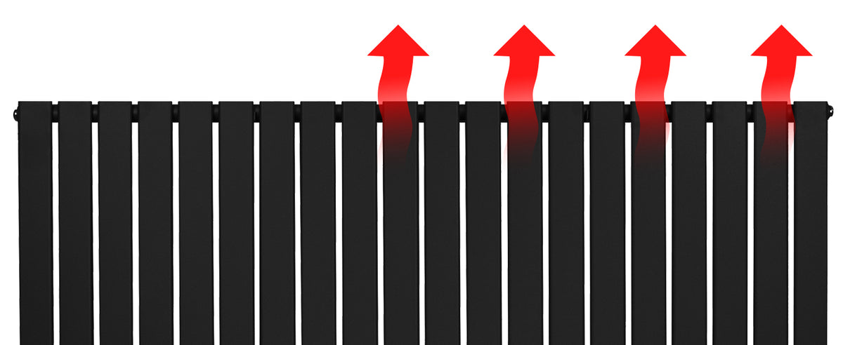 Zwart metalen radiator met verticale lamellen en rode pijlen die de warme luchtstroom naar boven aangeven