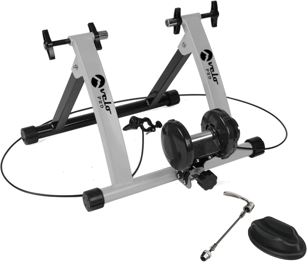 Zilveren magnetische fietstrainer Velo Pro met zwarte mat, stevige constructie, verstelbare weerstand en bijbehorende accessoires