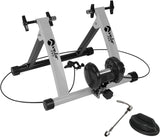 Zilveren magnetische fietstrainer Velo Pro met zwarte mat, stevige constructie, verstelbare weerstand en bijbehorende accessoires