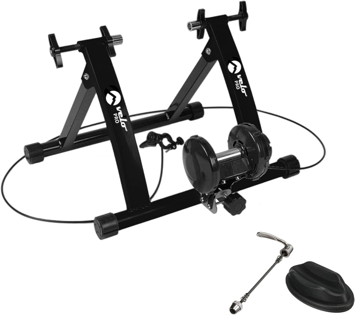 Zwarte magnetische fietstrainer Velo Pro met stevige mat, robuuste metalen constructie en verstelbare steun voor optimale stabiliteit