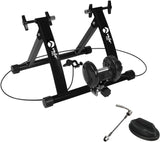 Zwarte magnetische fietstrainer Velo Pro met stevige mat, robuuste metalen constructie en verstelbare steun voor optimale stabiliteit