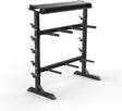 Stevige A-Frame dumbbell rek in zwart met meerdere houders, stevige constructie en een moderne uitstraling voor fitnessruimtes