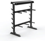Stevige A-Frame dumbbell rek in zwart met meerdere houders, stevige constructie en een moderne uitstraling voor fitnessruimtes