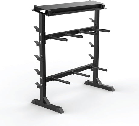 Stevige A-Frame dumbbell rek in zwart met meerdere houders, stevige constructie en een moderne uitstraling voor fitnessruimtes