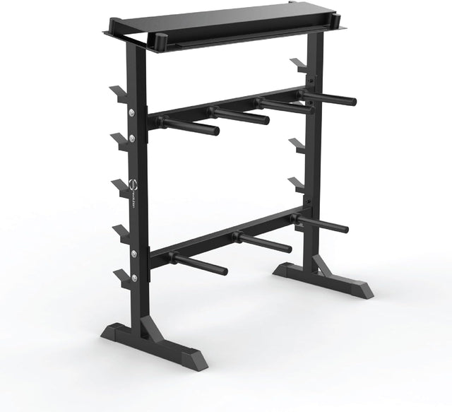 Stevige A-Frame dumbbell rek in zwart met meerdere houders, stevige constructie en een moderne uitstraling voor fitnessruimtes