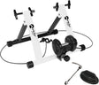 Witte magnetische fietstrainer Velo Pro met zwarte details, stevige constructie en bijbehorende mat voor stabiliteit tijdens gebruik
