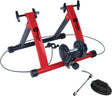 Rode magnetische fietstrainer Velo Pro met stevige zwarte basis, inclusief mat en accessoires voor optimale stabiliteit en gebruiksgemak
