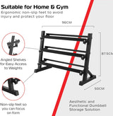 Drie-laags stalen dumbbellrek met een matte zwarte afwerking, ontworpen voor stabiliteit en ruimtebesparing in huis of gym