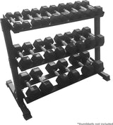 Drie-laags stalen dumbbellrek met een stevige zwarte afwerking, ontworpen voor thuisgebruik en sportscholen, biedt optimale opslagruimte