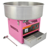 Roze KuKoo suikerspinmachine met een glanzende roestvrijstalen kom, bedieningspaneel en een lade voor snoepjes en accessoires