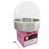 Roze suikerspinmachine met een glanzende roestvrijstalen kom en een doorzichtige kap, ideaal voor feesten en evenementen